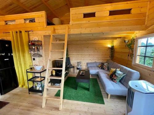 a living room with a loft bed in a cabin at Cabane Pomme de pin in Le Porge