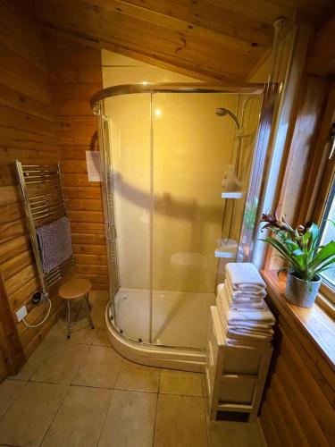 a bathroom with a shower with a chair and a stool at Deveron Valley Cottages in Marnoch