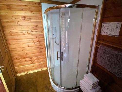 a shower in a small room with wooden walls at Deveron Valley Cottages in Marnoch