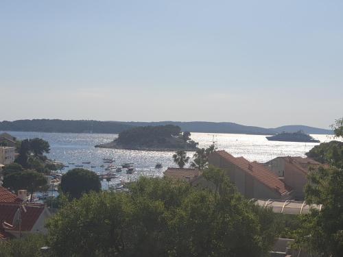 a view of a harbor with boats in the water at Apartments & Rooms Zlatica Hvar in Hvar