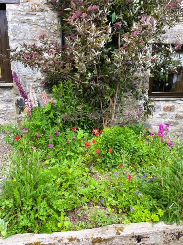 a garden of flowers in front of a stone building at Deveron Valley Cottages in Marnoch