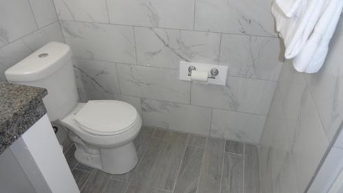 a bathroom with a white toilet and marble walls at ECONOMY INN in Brownfield
