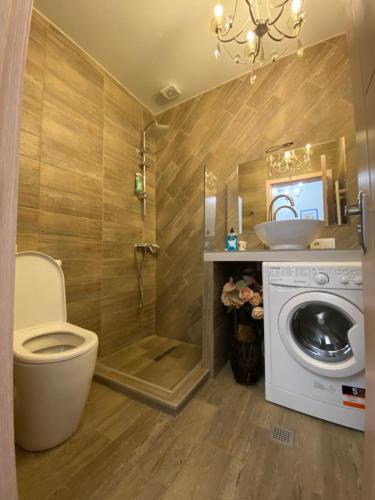 a bathroom with a toilet and a sink and a washing machine at Studio apartment with balcony in Tbilisi in Tbilisi City