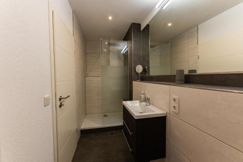 a bathroom with a sink and a shower and a mirror at Ferienwohnung am Steinbach 1 in Thale