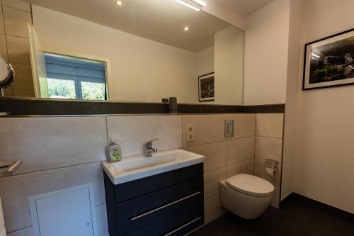 ein Bad mit einem Waschbecken und einem WC in der Unterkunft Ferienwohnung am Steinbach 1 in Thale