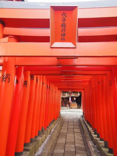 a corridor of orange torii gates in a building at 328 Hostel & Lounge in Tokyo