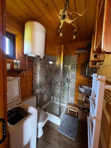 La salle de bains est pourvue d'une douche, de toilettes et d'une baignoire. dans l'établissement Klimatyczny drewniany domek w górach, à Lachowice