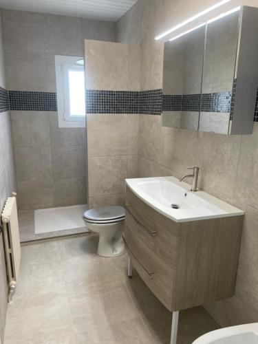 une salle de bain avec un lavabo, des toilettes et un miroir dans l'établissement APPARTEMENT MESSINA, à La Ciotat