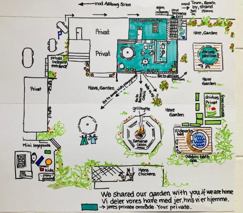 un dibujo de un jardín con un plan en Det blågrønne Hus en Hals