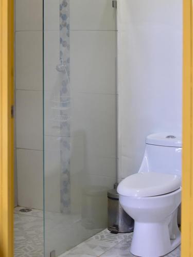 a bathroom with a toilet and a glass shower at Guesthouse Congo Tempisque in Liberia