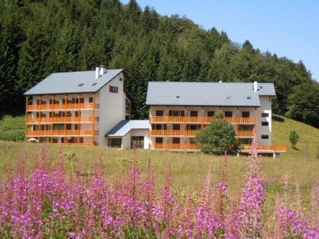 two buildings on a hill with a field of flowers at Studio au calme face aux montagnes dans station de ski in La Morte
