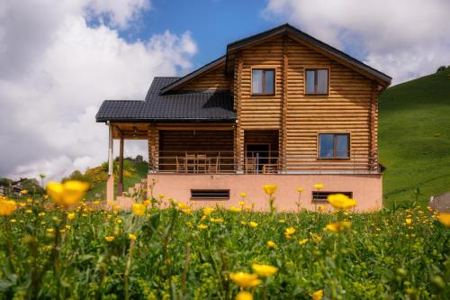 a house on a hill with a field of flowers at Snow Time Eco Chalet in Gudauri