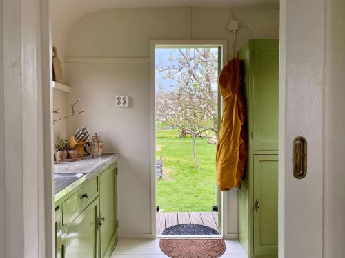 a kitchen with a door leading to a garden at Slapen tussen de schapen in pipowagen de Ome Jan in Zennewijnen