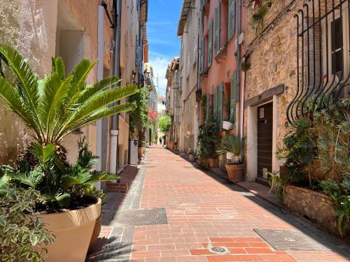 an alley in an old town with potted plants at Les Petits Volets 2 in Antibes