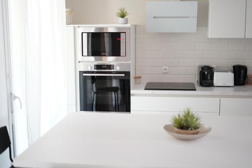 a kitchen with a stove top oven with a microwave at Splendide appartement 3 pièces - Parking et Clim in Valence