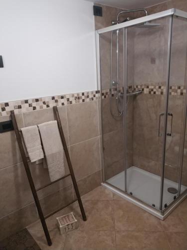 a shower stall with a glass door in a bathroom at da Fabio in Castelfranco Veneto