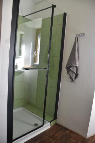 W łazience znajduje się prysznic ze szklanymi drzwiami. w obiekcie 205 Dekani w mieście Dekani