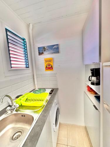 a kitchen with a sink and a washing machine at Les Hauts De Caritan in Sainte-Anne