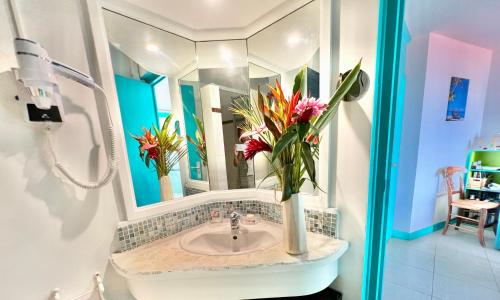 a bathroom with a sink and a mirror at Les Hauts De Caritan in Sainte-Anne
