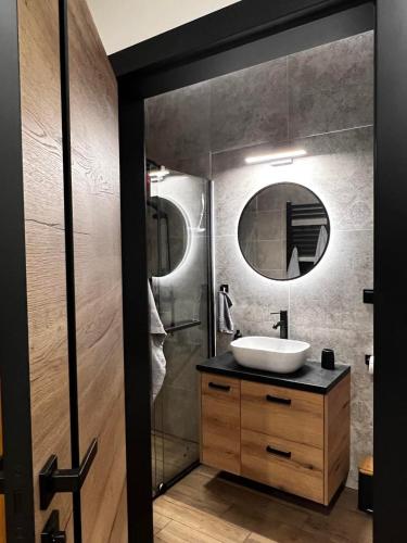 a bathroom with a sink and a mirror at Apartament Helsinki in Zator