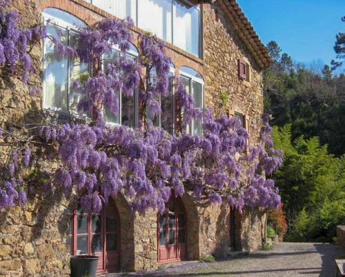 a building with purple flowers hanging from it at Chambre d'hôte Mas d'Alzon à St Jean du Pin in La Barriére