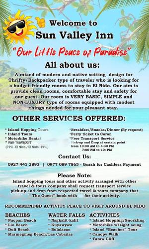 a flyer for sun valley inn on the beach at Mama Hostel & Guest House in El Nido