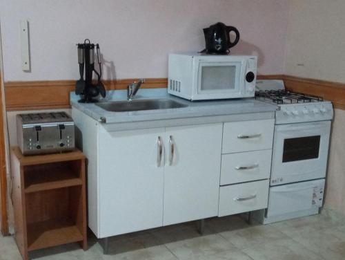a kitchen with a sink and a microwave at Departamentos Paisaje del Beagle in Ushuaia
