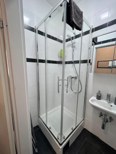 y baño con ducha y lavamanos. en Prater Tree Apartment near city centre, en Viena
