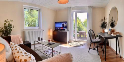 sala de estar con sofá y TV en Ferienwohnung Ptit Monde, en Friedrichshafen