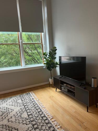 a living room with a flat screen tv and a rug at Downtown Norfolk Loft in Norfolk