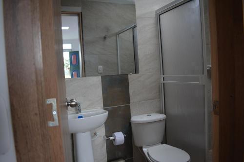 La salle de bains est pourvue de toilettes, d'un lavabo et d'un miroir. dans l'établissement Aparta hotel el rincón de Frida, à Salento