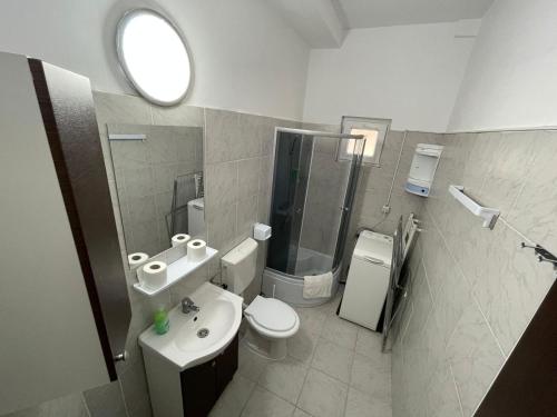 a bathroom with a toilet and a sink and a mirror at Buget B&B in Focşani