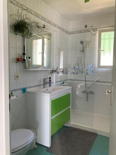 a bathroom with a sink and a shower and a toilet at Villa Câline chambres d'hôtes in Vesseaux