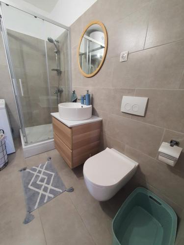 y baño con aseo, lavabo y ducha. en Vitoria Apartment 1 en Mali Lošinj