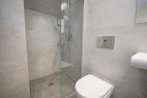 a bathroom with a toilet and a glass shower at HelApart - Loft in Hel
