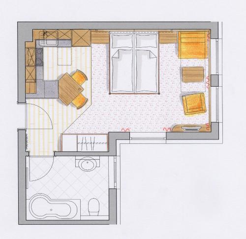 a floor plan of a room with a bathroom at Rimlhof by A CASA in Längenfeld