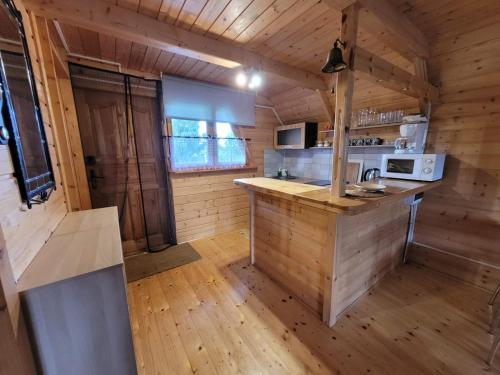 a kitchen with a counter in a wooden cabin at Sasinowe Zacisze in Sasino