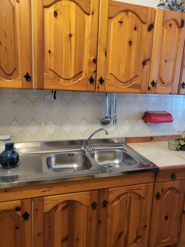 una cocina con fregadero y armarios de madera en Casa giovanna en Rocca San Giovanni