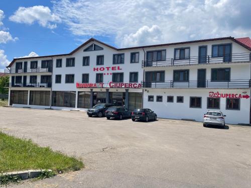 a hotel with cars parked in a parking lot at Hostel Restaurant Ciuperca in Hunedoara
