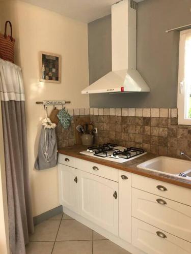 a kitchen with a sink and a stove top oven at Gîte en Pays Cathare in Pomas