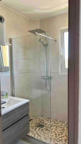 une salle de bain avec douche et lavabo dans l'établissement Appartement 2 chambres terrasse vue mer, à Carry-le-Rouet
