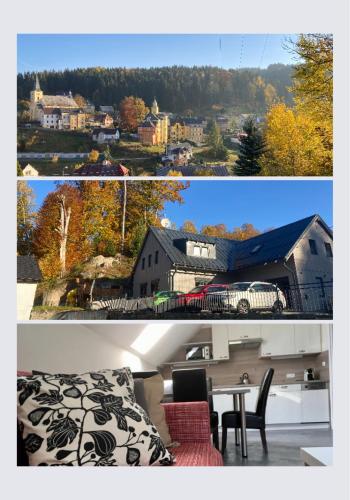 two pictures of a living room and a house at Apartmány U tří bratrů in Bedřichov