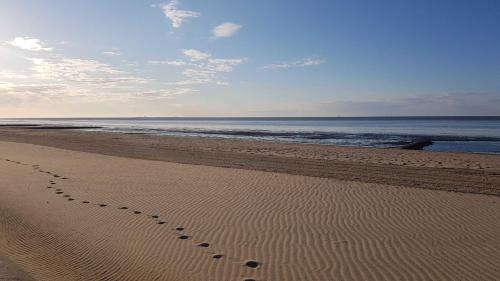 een voetafdruk in het zand op een strand bij Residenz Trossenstek in Cuxhaven