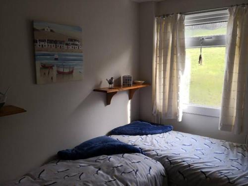 a bedroom with two beds with blue pillows and a window at 'Le Chalet II' free unlimited wifi 2 bed chalet House in Pembrokeshire
