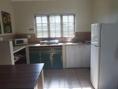 a kitchen with a white refrigerator and a window at Tourist Lodge Gansbaai in Gansbaai