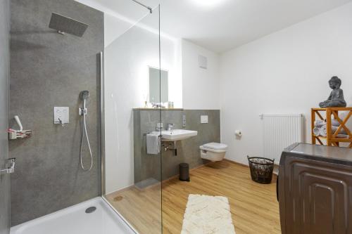 ゼンハイムにあるDesign FeWo mit großer Dachterrasse an der Mosel - Netflix - Waschmaschine & Trocknerのシャワー、洗面台、トイレ付きのバスルーム