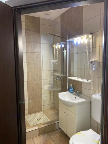a bathroom with a shower and a sink and a toilet at Pensiunea Damiro in Orşova