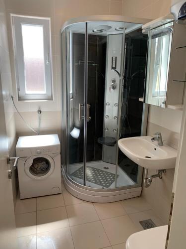 ein Badezimmer mit einer Dusche, einem Waschbecken und einer Waschmaschine in der Unterkunft Mandre - Dalmacija in Mandre