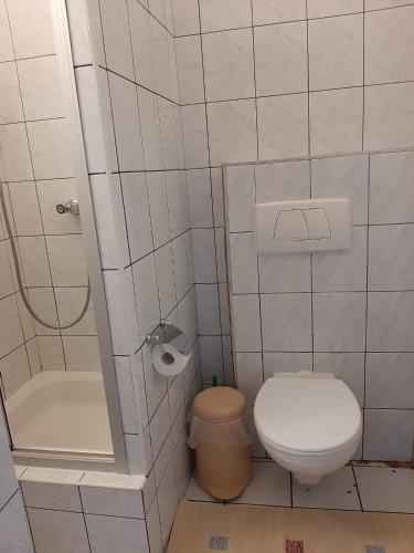 a small bathroom with a toilet and a shower at Usługi hotelarskie Karpacz in Karpacz