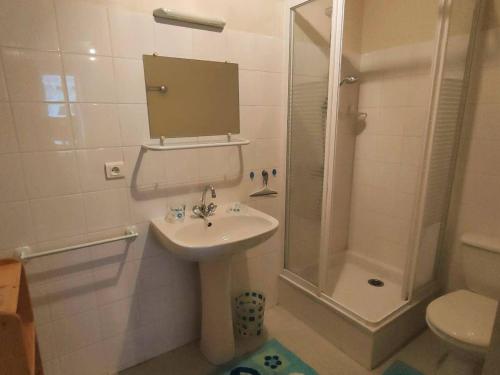 une salle de bain avec un lavabo, une douche et des toilettes dans l'établissement Spacieux Appartement 8 Pers. avec Balcons, 2 Salles de Bain, Parking Gratuit - Cauterets - FR-1-234-165, à Cauterets